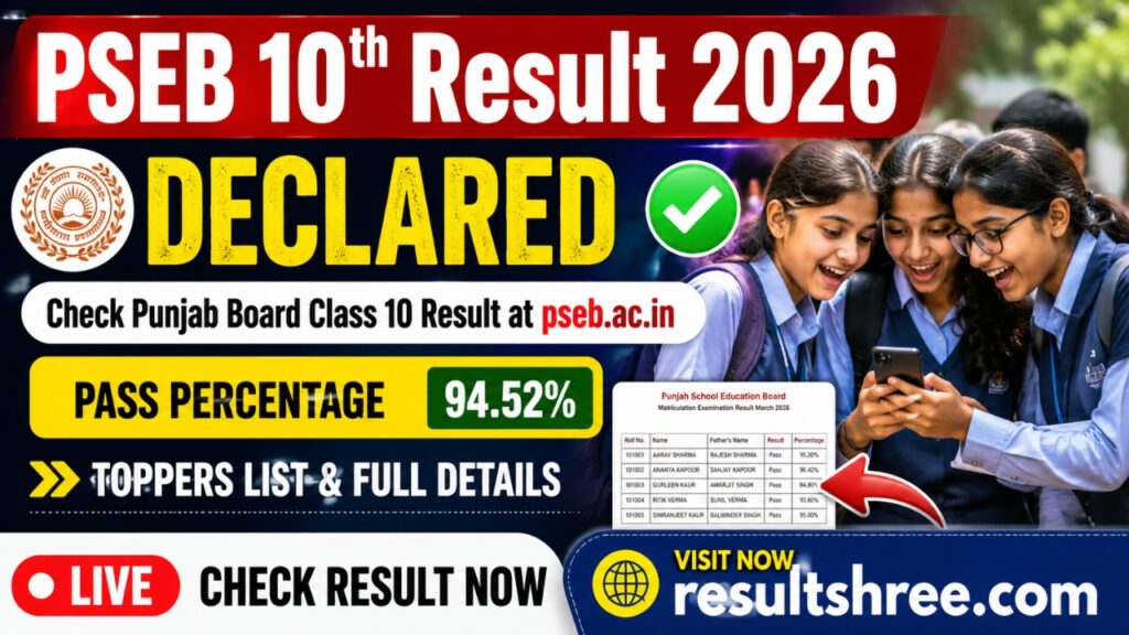 PSEB 10th Result 2026 Declared Check Punjab Board Class 10 Result at pseb.ac.in Pass Percentage 94.52 Percent Toppers List and Full Details
